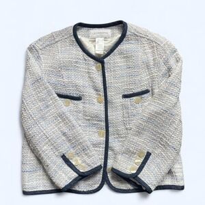 Liz Claiborne denim trim blue tweed lined jacket with pearl buttons Size L